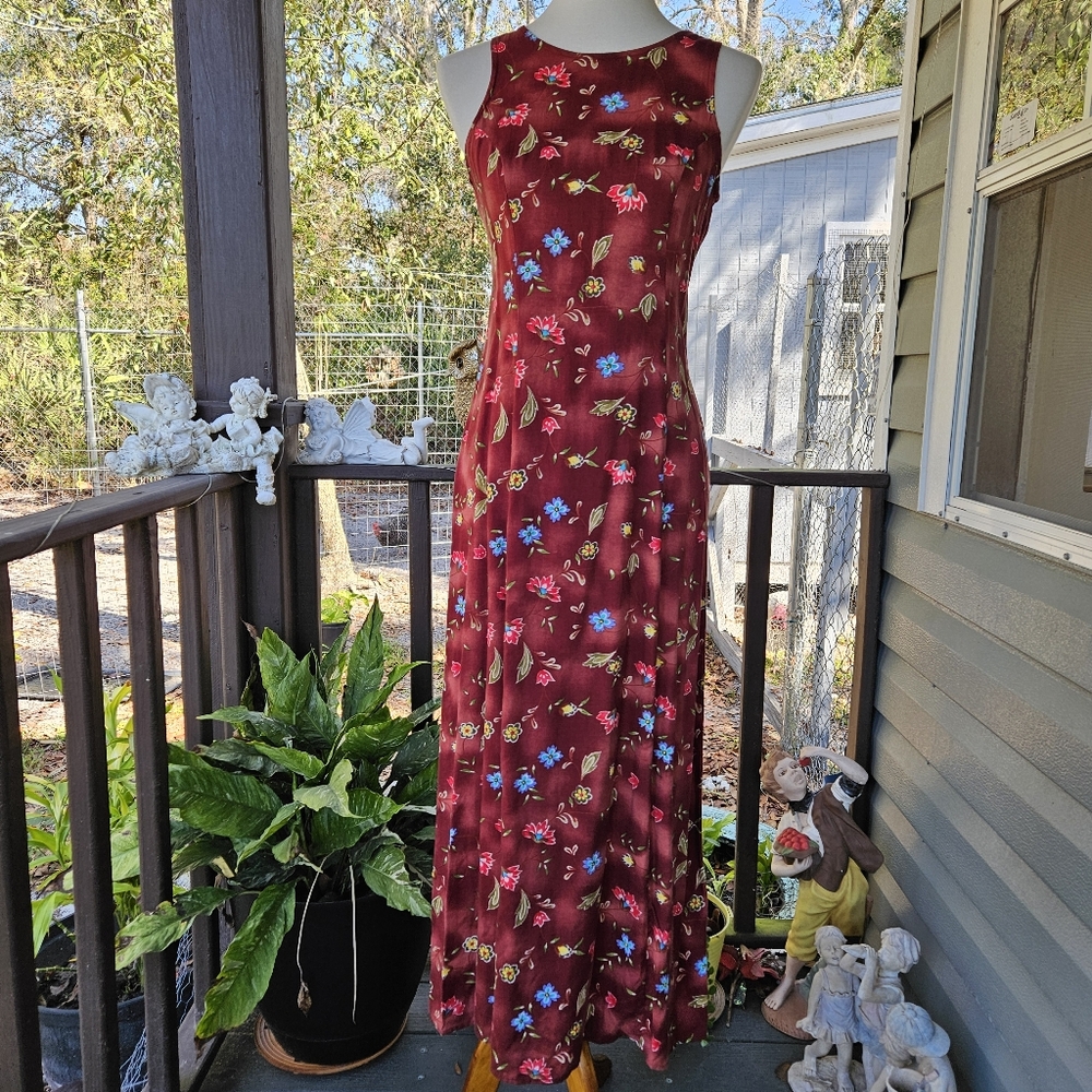 Vintage Y2K Floral Sleeveless Maxi Dress Juniors 9 Tie Back Waistline Boho Chic